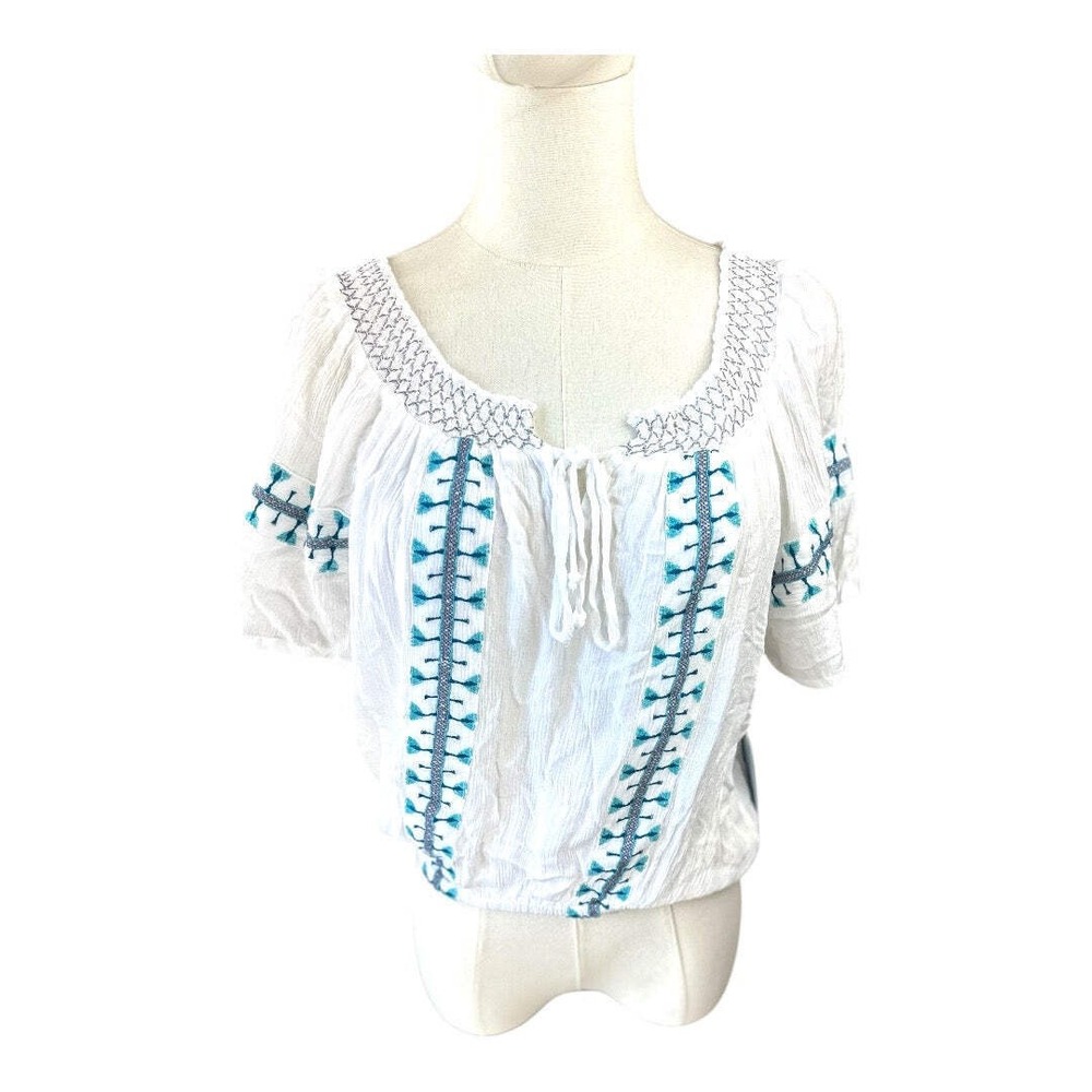 Goa Beachwear by Japna Womens White Embroidered Peasant Top Shirt Medium New